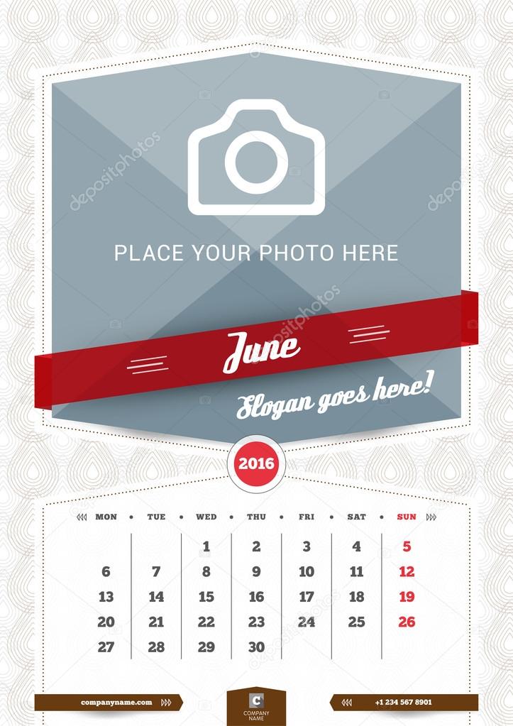 June 2016. Wall Monthly Calendar for 2016 Year. Vector Design Print Template with Place for Photo and Pattern Background. Week Starts Monday