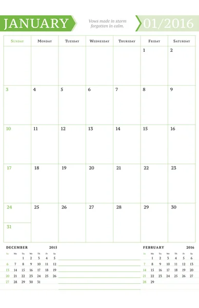 Enero de 2016. Planificador de calendario mensual para el año 2016. Plantilla de impresión de diseño vectorial con lugar para notas. La semana empieza el domingo. Orientación al retrato — Archivo Imágenes Vectoriales