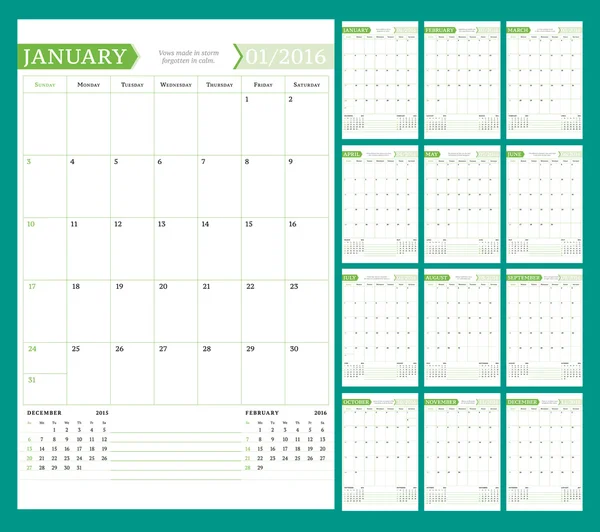 Planejador de calendário mensal para 2016 Ano. Modelo de impressão de design vetorial com lugar para notas. A semana começa no domingo. Orientação de Retrato. Conjunto de 12 Meses —  Vetores de Stock