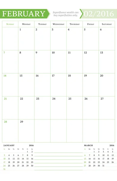 Febrero de 2016. Planificador de calendario mensual para el año 2016. Plantilla de impresión de diseño vectorial con lugar para notas. La semana empieza el domingo. Orientación al retrato — Archivo Imágenes Vectoriales