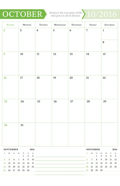 Říjen 2016. Měsíční kalendář Planner pro rok 2016. Vektorový Design tiskové šablony s místem pro poznámky. Týden začíná neděle. Orientace na výšku — Stockový vektor