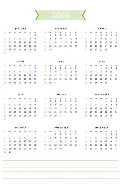 2016 年のカレンダーです。ベクター デザインの印刷テンプレートです。週は日曜日から開始します。縦向き — ストックベクタ