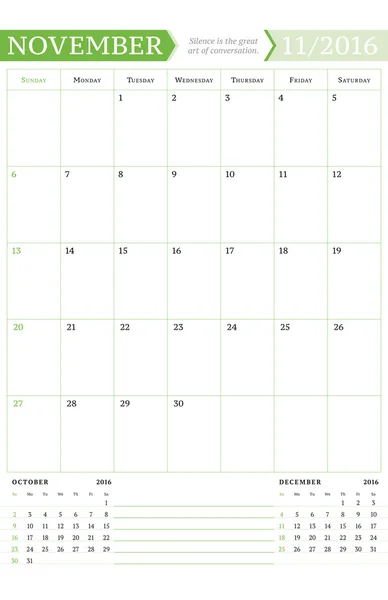 Novembro de 2016. Planejador de calendário mensal para 2016 Ano. Modelo de impressão de design vetorial com lugar para notas. A semana começa no domingo. Orientação de Retrato —  Vetores de Stock