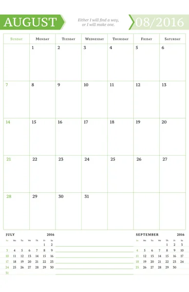 Agosto de 2016. Planejador de calendário mensal para 2016 Ano. Modelo de impressão de design vetorial com lugar para notas. A semana começa no domingo. Orientação de Retrato —  Vetores de Stock