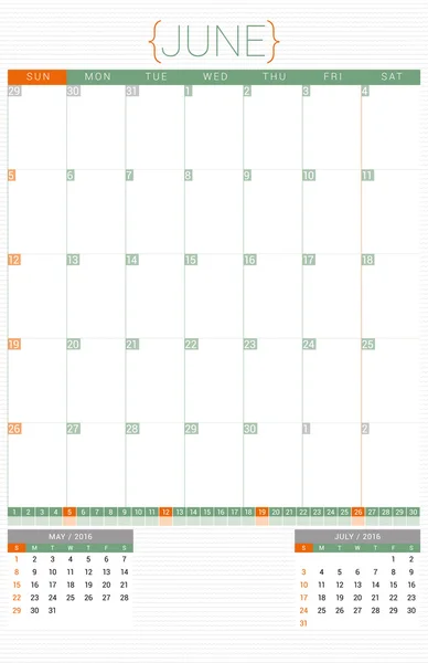Calendar Planner 2016 Design Template. June. Week Starts Sunday — Stock Vector