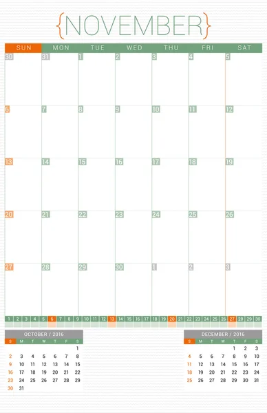 Šablona návrhu kalendář Planner 2016. Listopadu. Týden začíná neděle — Stockový vektor