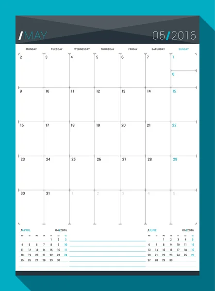 Květen roku 2016. Vektorový tisk šablony návrhu. Měsíční kalendář Planner pro rok 2016. Týden začíná pondělí — Stockový vektor