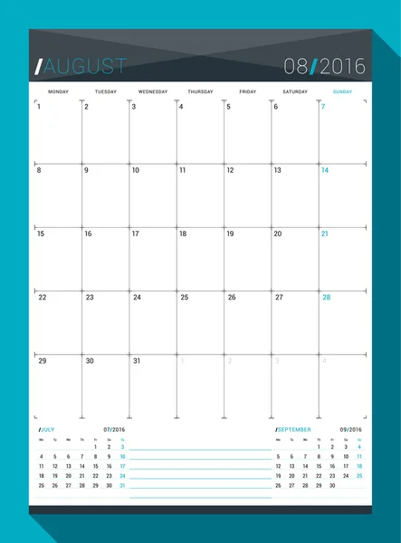 Agosto de 2016. Modelo de impressão de design vetorial. Planejador de calendário mensal para 2016 Ano. Semana começa segunda-feira —  Vetores de Stock