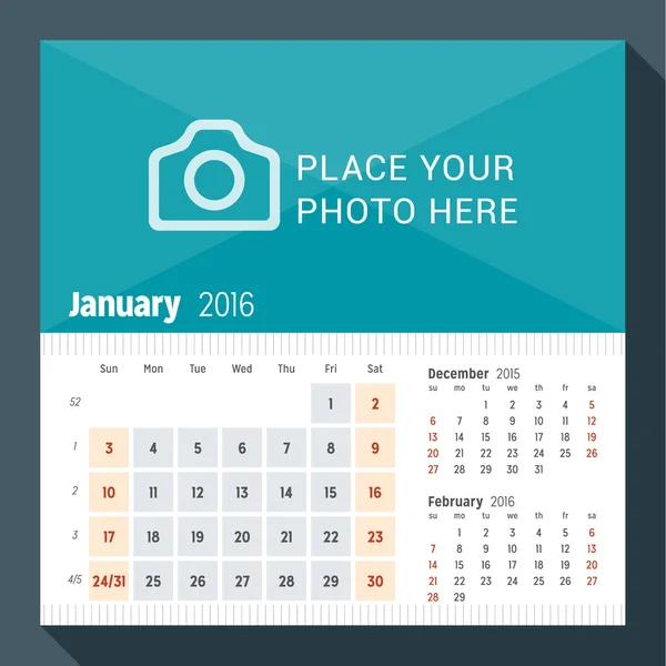 Janvier 2016. Calendrier de bureau pour 2016 Année. La semaine commence dimanche. 3 mois à la page. Modèle d'impression vectoriel avec place pour la photo — Image vectorielle