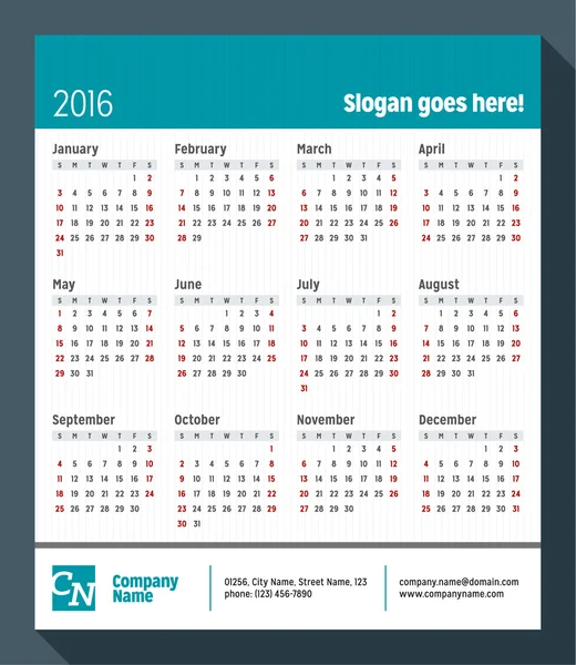 Calendário para 2016 Ano. A semana começa no domingo. Modelo de impressão de design vetorial com lugar para Slogan, Logotipo e Informações de Contato —  Vetores de Stock