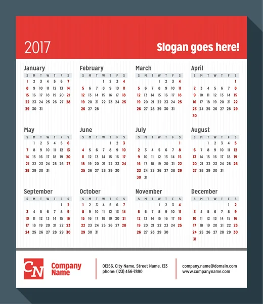 Kalender für 2017 Jahr. Die Woche beginnt am Sonntag. Vektor Design Druckvorlage mit Platz für Slogan, Logo und Kontaktinformationen — Stockvektor