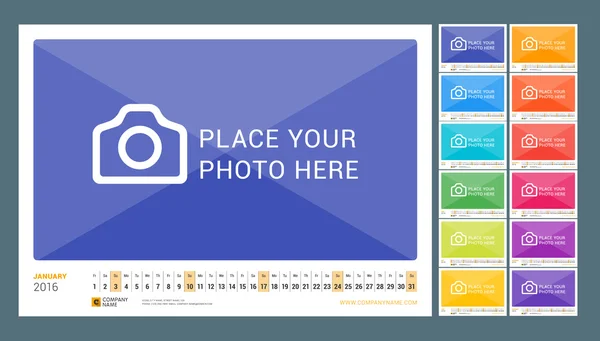 Calendário de linha mensal de parede para 2016 Ano. Modelo de impressão de design vetorial. Orientação Paisagista. Conjunto de 12 Meses —  Vetores de Stock