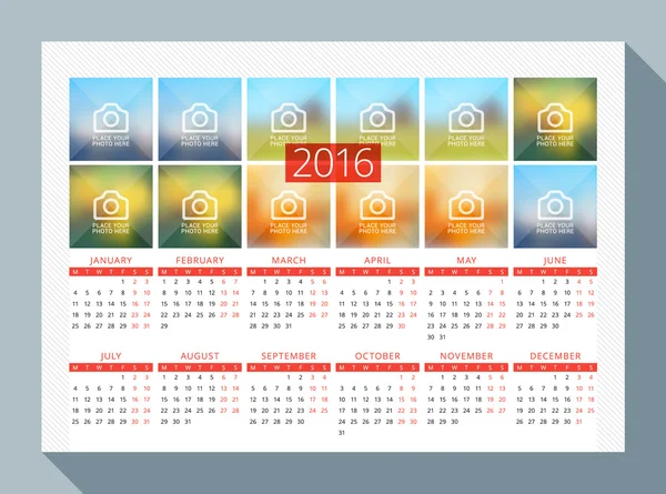 Calendário para 2016 Ano. Modelo de impressão de design vetorial com lugar para foto. Semana começa segunda-feira —  Vetores de Stock