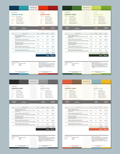 Conjunto de plantillas de diseño de facturas vectoriales. 4 Temas de color — Archivo Imágenes Vectoriales