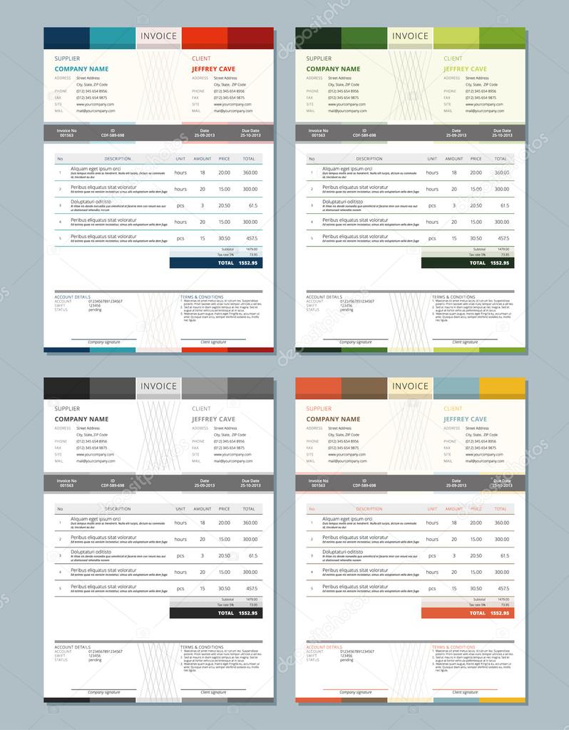 Set of Vector Invoice Design Templates. 4 Color Themes