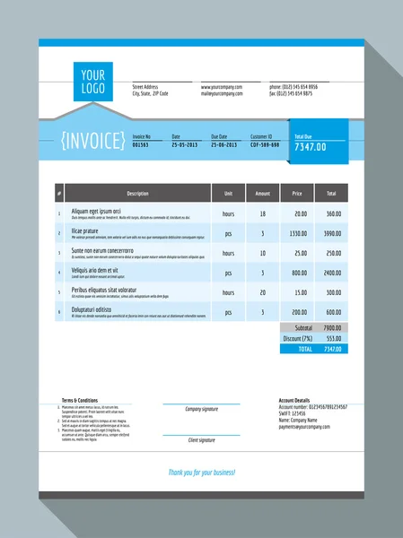 Vektor anpassbare Rechnungsformularvorlage Design. Vektorillustration. Blaue Farbe Thema — Stockvektor