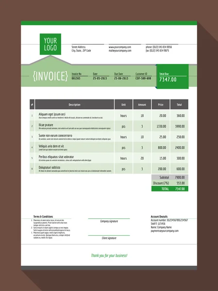 Vektor anpassbare Rechnungsformularvorlage Design. Vektorillustration. Thema grüne Farbe — Stockvektor