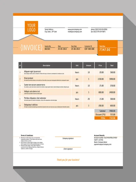 Vektor anpassbare Rechnungsformularvorlage Design. Vektorillustration. orange Farbe Thema — Stockvektor