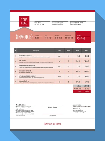 Diseño de plantilla de formulario de factura personalizable vectorial. Ilustración vectorial. Tema Color rojo — Archivo Imágenes Vectoriales