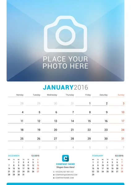2016 年 1 月。墙体为 2016 年的月历。矢量设计打印模板与照片的地方。每周从星期一开始。在页上的 3 个月 — 图库矢量图片