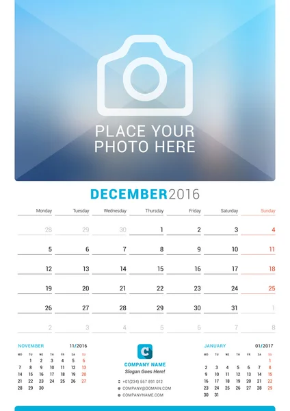 Dezembro de 2016. Calendário mensal de parede para 2016 Ano. Modelo de impressão de design vetorial com lugar para foto. A semana começa segunda-feira. 3 Meses na página —  Vetores de Stock