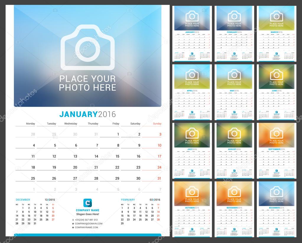 Wall Monthly Calendar for 2016 Year. Vector Design Print Template with Place for Photo. Week Starts Monday. 3 Months on Page. Set of 12 Months