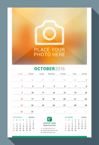 Outubro de 2016. Calendário mensal de parede para 2016 Ano. Modelo de impressão de design vetorial com lugar para foto. A semana começa no domingo. 3 Meses na página —  Vetores de Stock