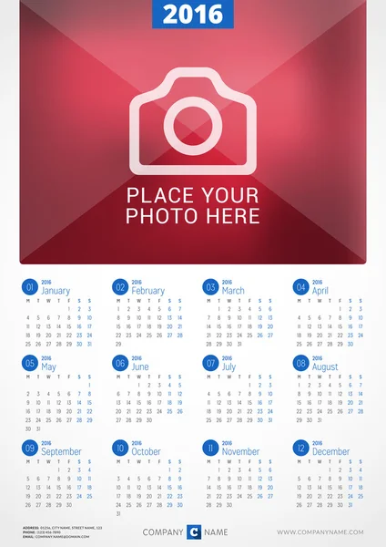 Wall Calendar Poster for 2016 Year. Vector Design Print Template with Place for Photo. Week Starts Monday — Stock Vector