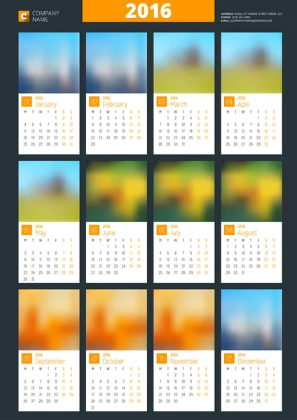 Muur kalender Poster voor 2016 jaar. Vector afdrukken ontwerpsjabloon met plaats voor foto. Week begint maandag — Stockvector