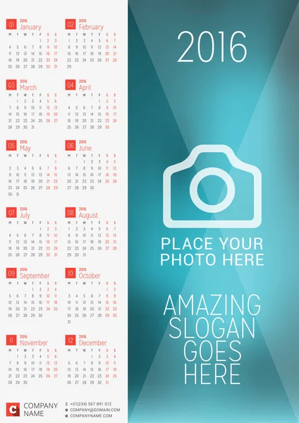 Cartaz de calendário de parede para 2016 Ano. Modelo de impressão de design vetorial com lugar para foto. Semana começa segunda-feira —  Vetores de Stock