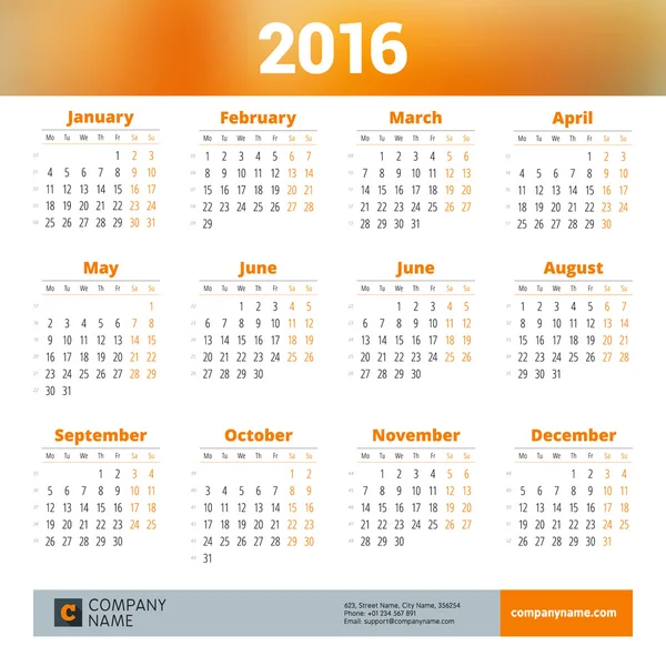 Calendário para 2016 Ano. Modelo de impressão de design vetorial com lugar para foto, logotipo da empresa e informações de contato. Semana começa segunda-feira —  Vetores de Stock