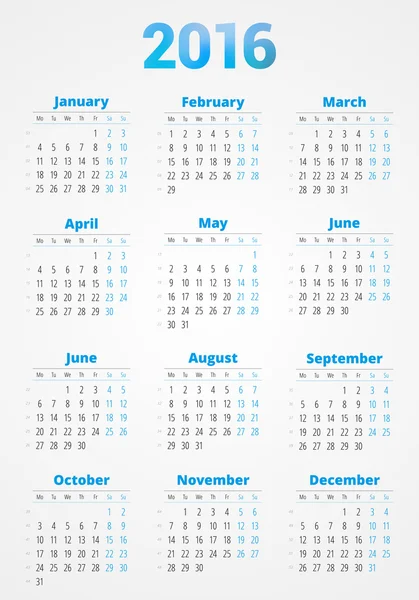 2016 年のカレンダーです。ベクター デザインの印刷テンプレートです。月曜始まり — ストックベクタ