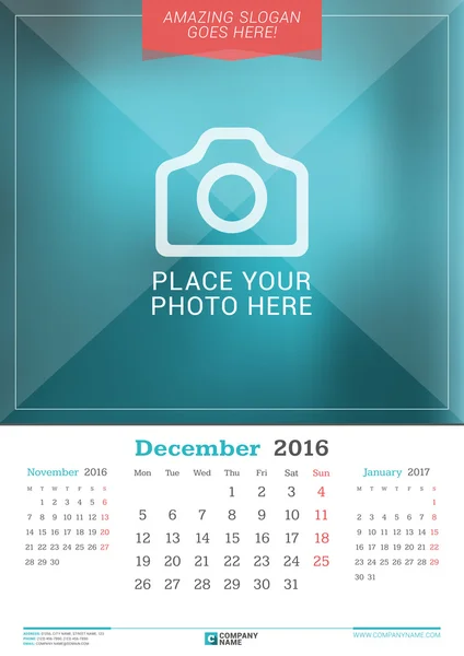 Dezembro de 2016. Calendário mensal de parede para 2016 Ano. Modelo de impressão de design vetorial com lugar para foto. A semana começa segunda-feira. 3 Meses na página —  Vetores de Stock