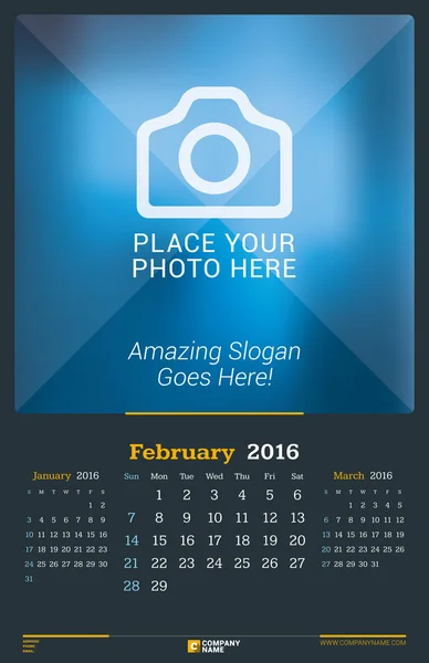 February 2016. Wall Monthly Calendar for 2016 Year. Vector Design Print Template with Place for Photo. Dark Background. Week Starts Sunday. 3 Months on Page — Stok Vektör