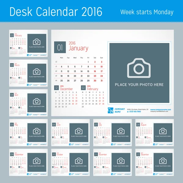 Calendrier de bureau pour 2016 Année. Modèle d'impression vectoriel avec place pour la photo, le logo et les coordonnées. La semaine commence lundi. Grille de calendrier avec numéros de semaine. Ensemble de 12 mois — Image vectorielle