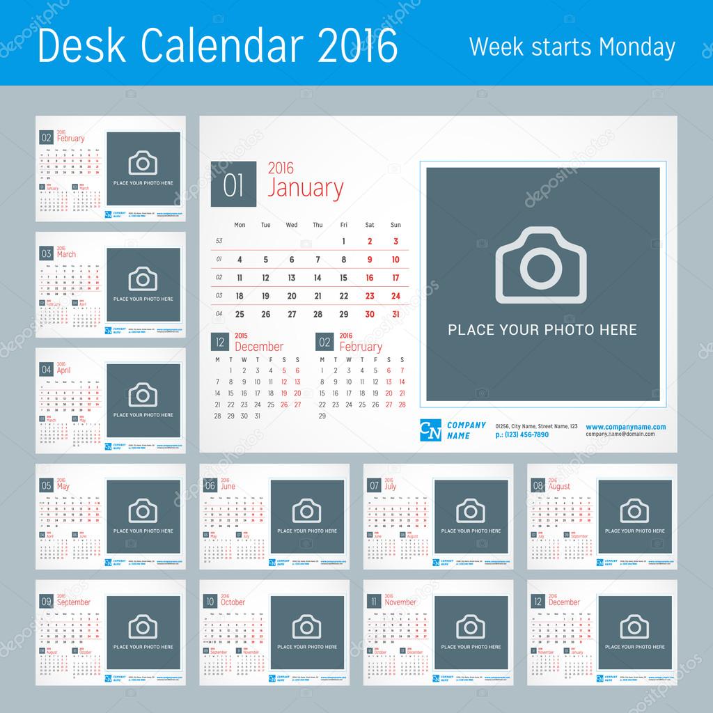 Desk Calendar for 2016 Year. Vector Design Print Template with Place for Photo, Logo and Contact Information. Week Starts Monday. Calendar Grid with Week Numbers. Set of 12 Months