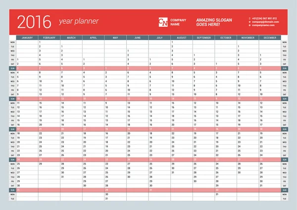 Yearly Wall Calendar Planner Template for 2016 Year. Vector Design Print Template. Week Starts Monday — Wektor stockowy