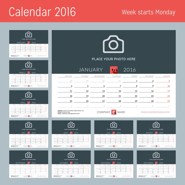 Настольный календарь на 2016 год. Шаблон для печати векторного дизайна с размещением фотографии, логотипа и контактной информации. Начинается в понедельник. Комплект из 12 месяцев — стоковый вектор