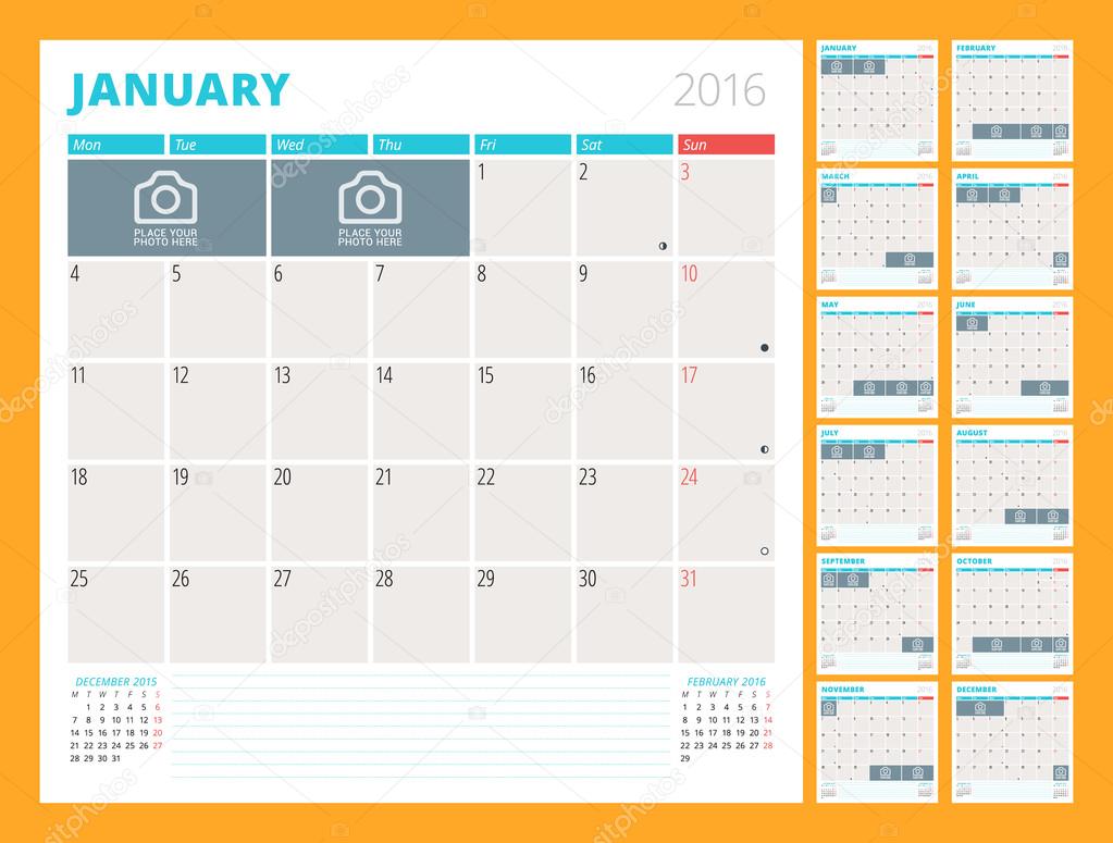 Monthly Calendar Planner for 2016 Year. Set of 12 Months. Week Starts Monday. Vector Design Print Template