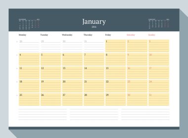 January 2016. Monthly Calendar Planner for 2016 Year. Vector Design Print Template. Week Starts Monday