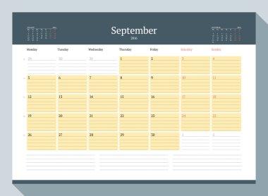 September 2016. Monthly Calendar Planner for 2016 Year. Vector Design Print Template. Week Starts Monday