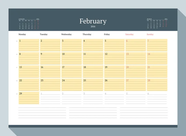 Fevereiro de 2016. Planejador de calendário mensal para 2016 Ano. Modelo de impressão de design vetorial. Semana começa segunda-feira —  Vetores de Stock