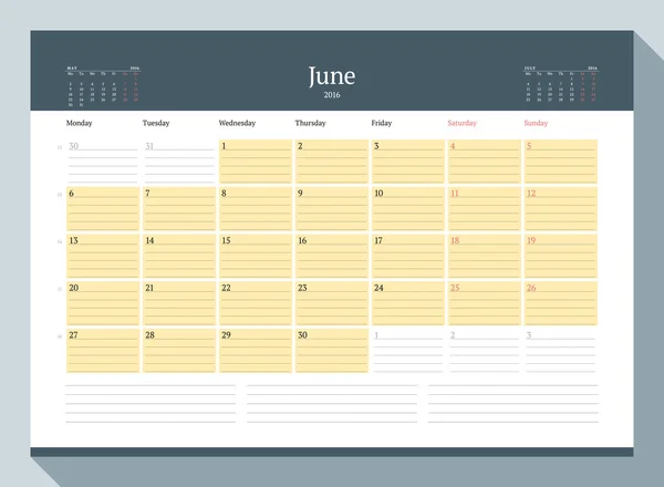 Junio de 2016. Planificador de calendario mensual para el año 2016. Plantilla de impresión de diseño vector. Semana comienza el lunes — Vector de stock