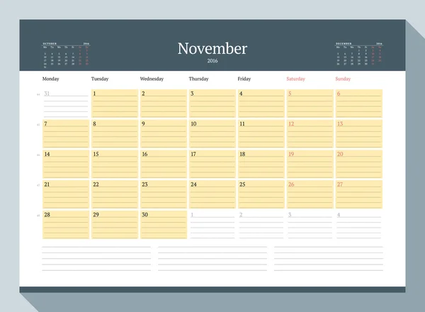 Novembre 2016. Pianificatore calendario mensile per 2016 Anno. Modello di stampa vettoriale. La settimana inizia lunedì — Vettoriale Stock
