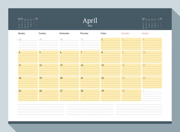 April 2016. Monthly Calendar Planner for 2016 Year. Vector Design Print Template. Week Starts Monday — Stok Vektör