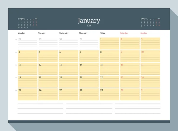 January 2016. Monthly Calendar Planner for 2016 Year. Vector Design Print Template. Week Starts Monday — Stok Vektör