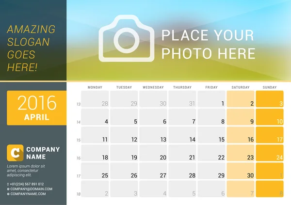 April 2016. Desk Calendar for 2016 Year. Vector Design Print Template with Place for Photo, Logo and Contact Information. Week Starts Monday. Calendar Grid with Week Numbers and Place for Notes — Stok Vektör