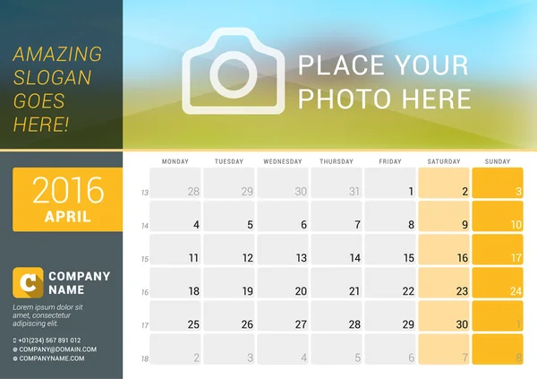 April 2016. Schreibtischkalender für 2016 Jahr. Vektor Design Druckvorlage mit Platz für Foto, Logo und Kontaktinformationen. Die Woche beginnt am Montag. Kalenderraster mit Wochenzahlen und Platz für Notizen — Stockvektor