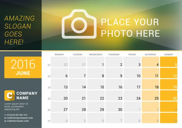 June 2016. Desk Calendar for 2016 Year. Vector Design Print Template with Place for Photo, Logo and Contact Information. Week Starts Monday. Calendar Grid with Week Numbers and Place for Notes — 图库矢量图片