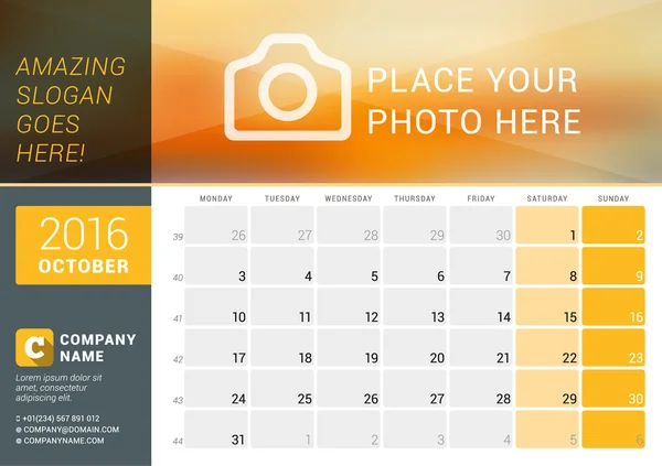 October 2016. Desk Calendar for 2016 Year. Vector Design Print Template with Place for Photo, Logo and Contact Information. Week Starts Monday. Calendar Grid with Week Numbers and Place for Notes — Stok Vektör